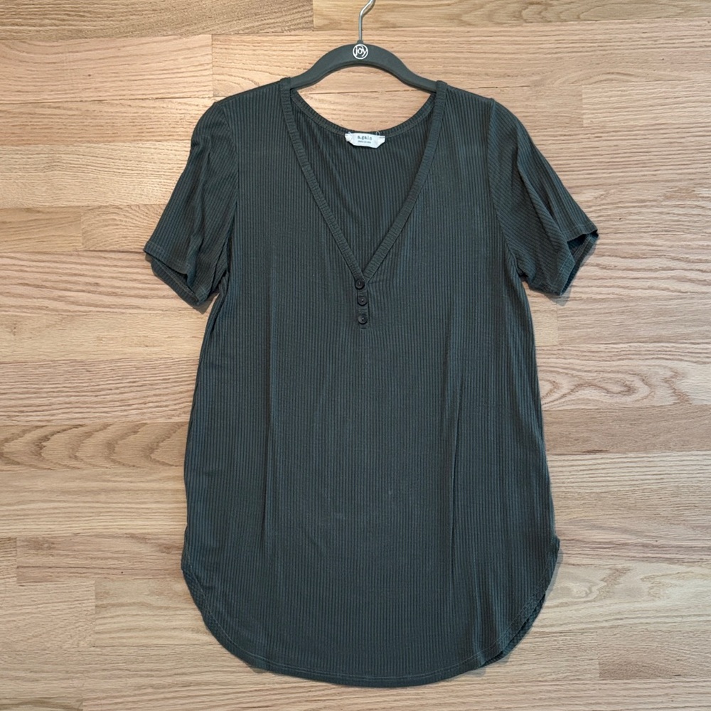 Olive Ribbed Short Sleeve Button Detail Maternity Top